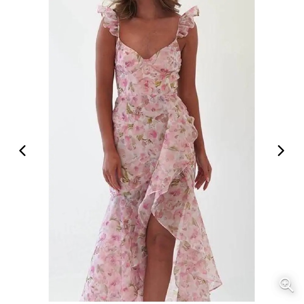 Maniju sexy Dress Floral Print Cami Asymmetrical Ruffled Slit long Pink cheap L